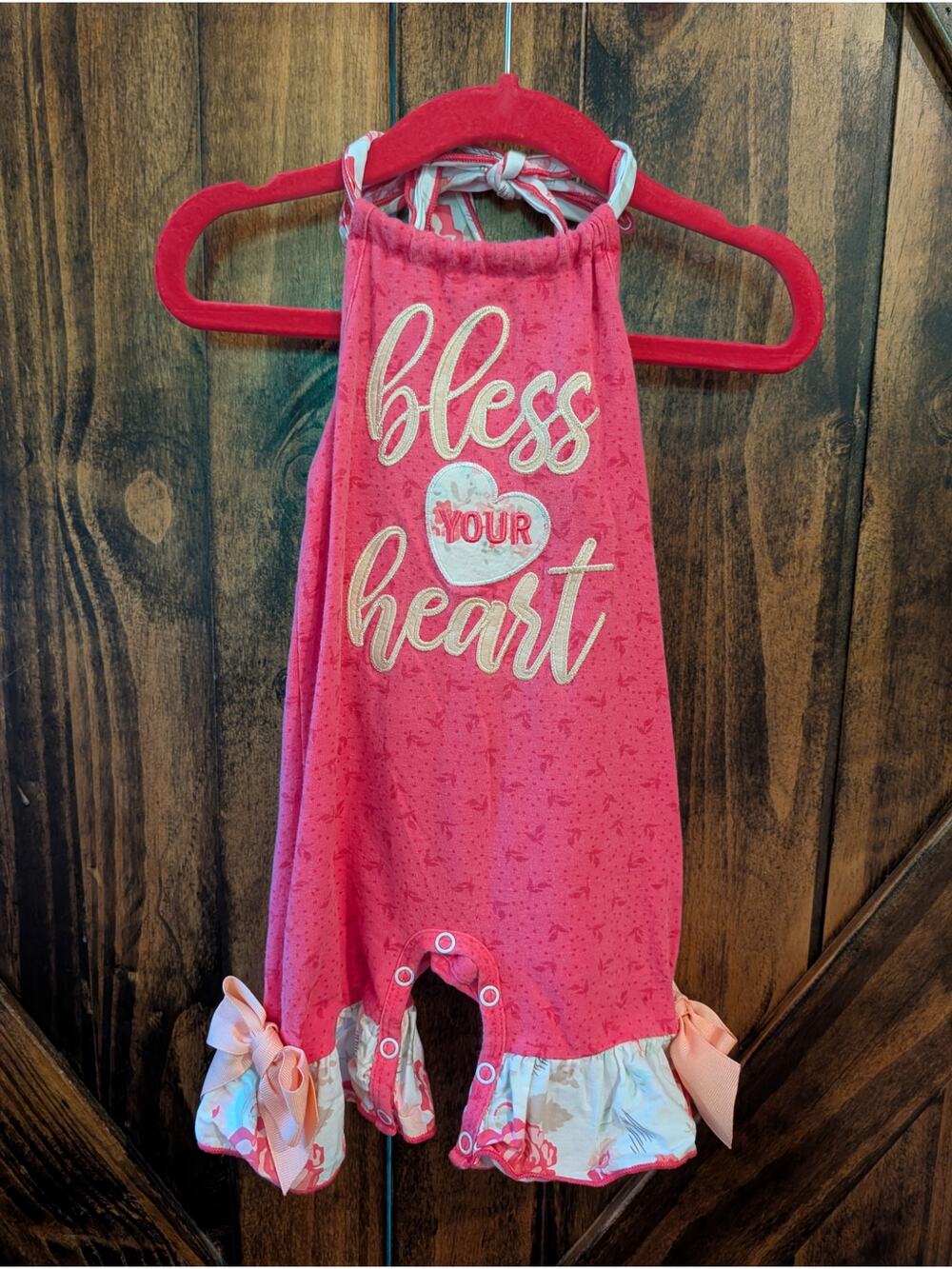 RicRac and Ruffles one piece baby girl sz 3-6 month pink Bless your Heart romper